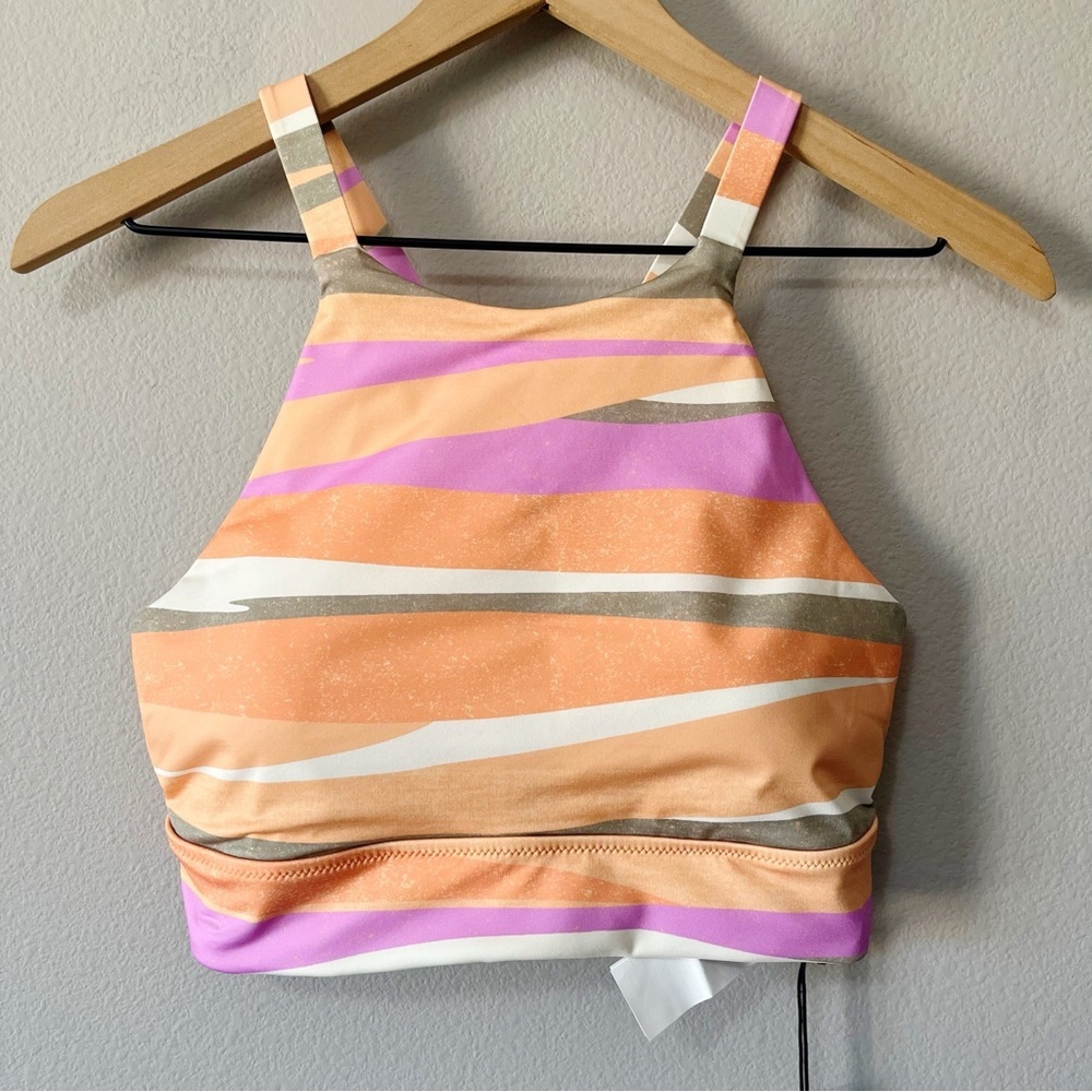 PrAna NWT Marine Street High Neck Swim Bikini Top Orange Stripe Size Large Beach